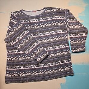 VTG Energie Bicurrants Fair Isle Stripe AOP Sz L Lng Slv Top 24x27 Boxy Knit USA